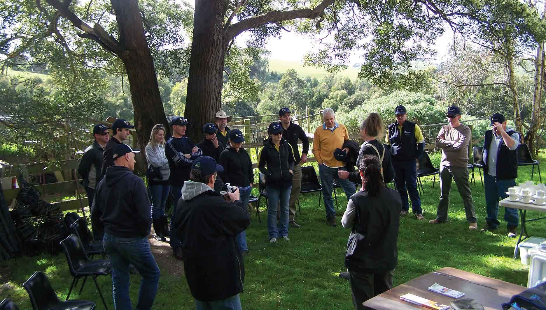 A corporate group get ready for an integrated pest management planting activity at Paul Speirs' property.