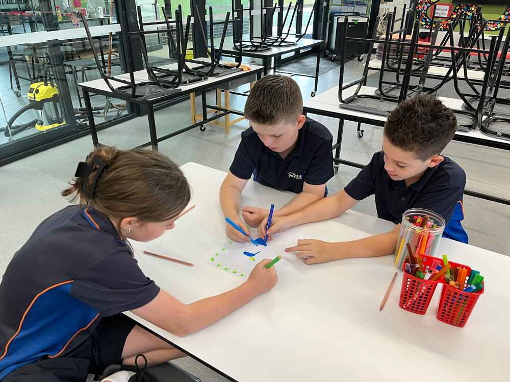 Orchard Park Primary School students Adriana (from left), Blake and Lukas, plan the plantings for the pond.