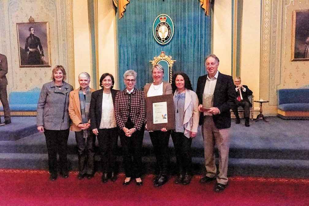 Members of the Jallukar Landcare Group accept the Environmental Volunteer Award. From left, Annette May, Anthea Nicholls, Minister D’Ambrosio, Governor Dessau, Ange Turrell, Jacquie Ridler & Terry May. 