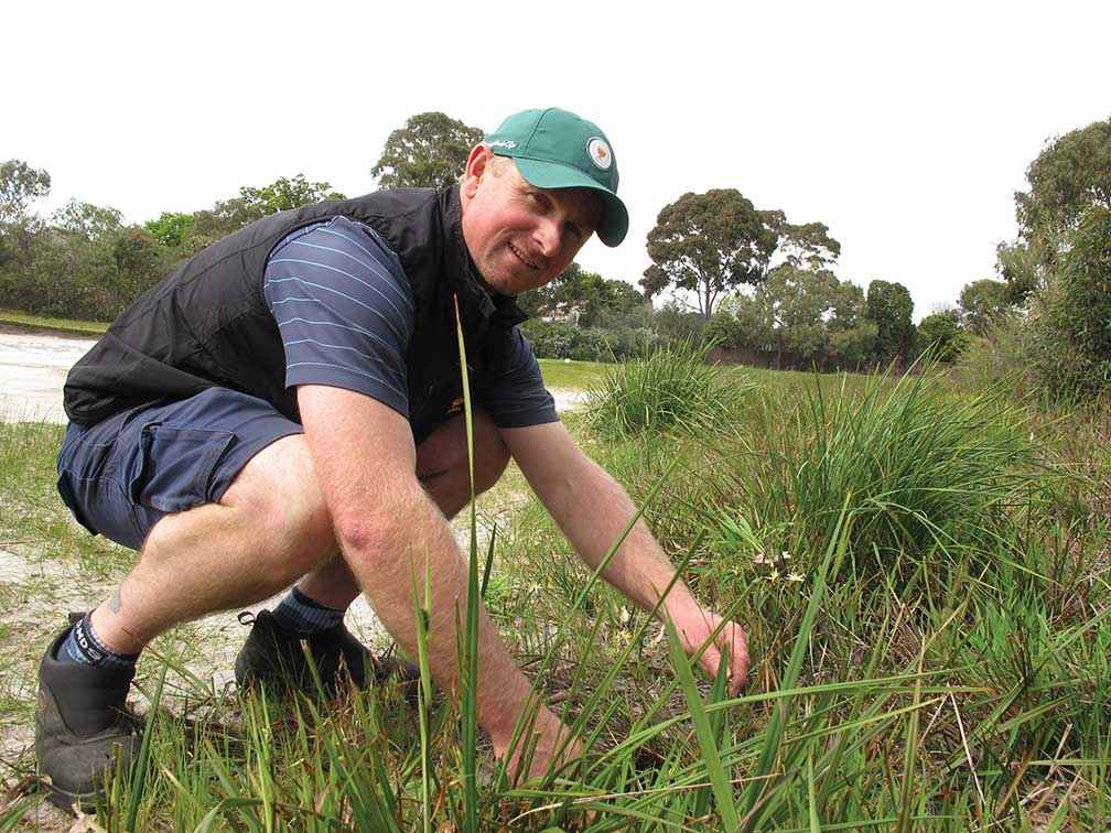 Horticulturalist Stuart Moodie inspects a rare Clustered lilly growing at the Royal Melbourne Golf Club.