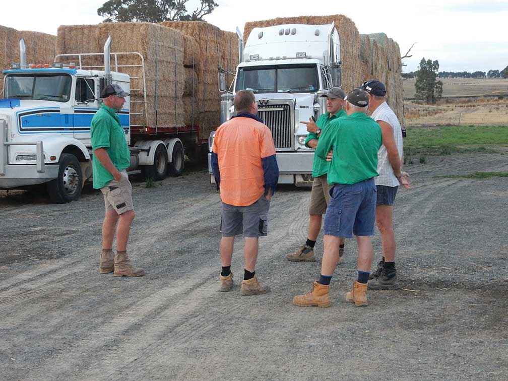 Perennial Pasture Systems farmer group members discuss tactics for getting the donated fodder through to bushfire ravaged East Gippsland.