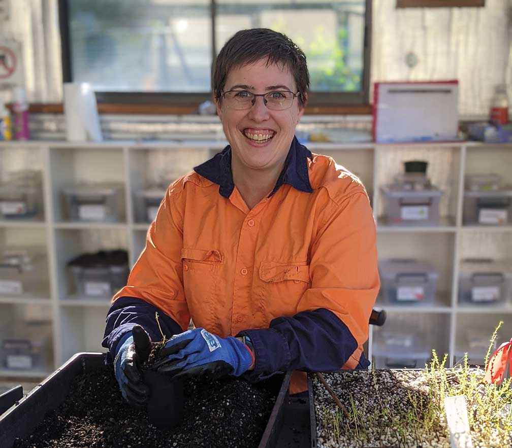 Belinda McPhee at the Friends of the Helmeted Honeyeater nursery in Yellingbo learning how to divide and propagate seedlings.