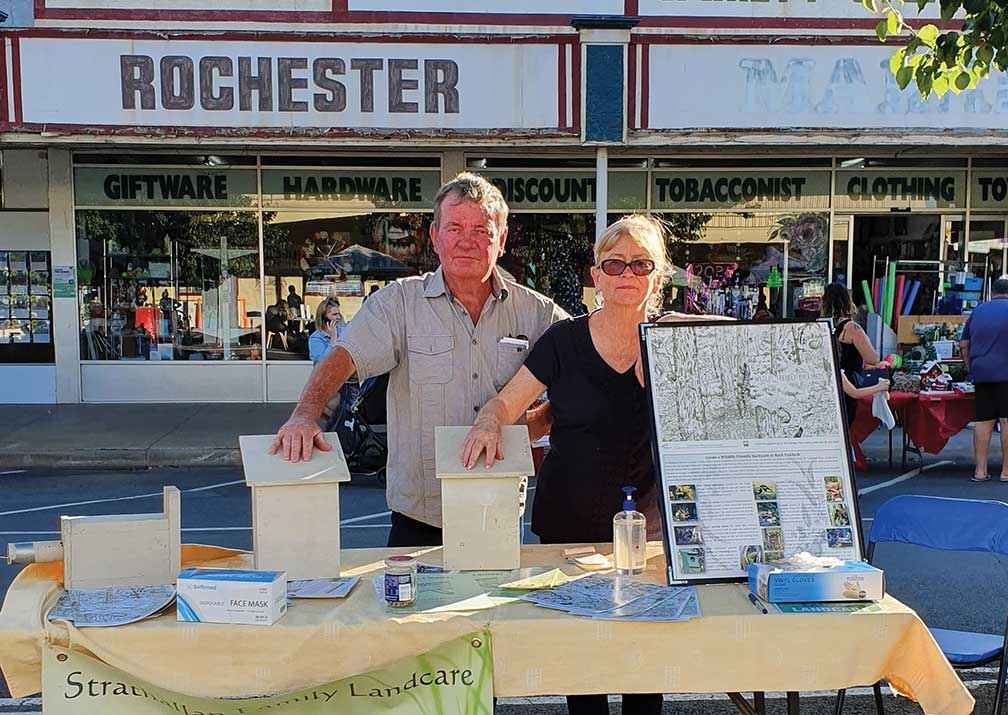 John and Veronica Groat from Strathallan Family Landcare Group with nestboxes for squirrel gliders at the Rochester Market. 