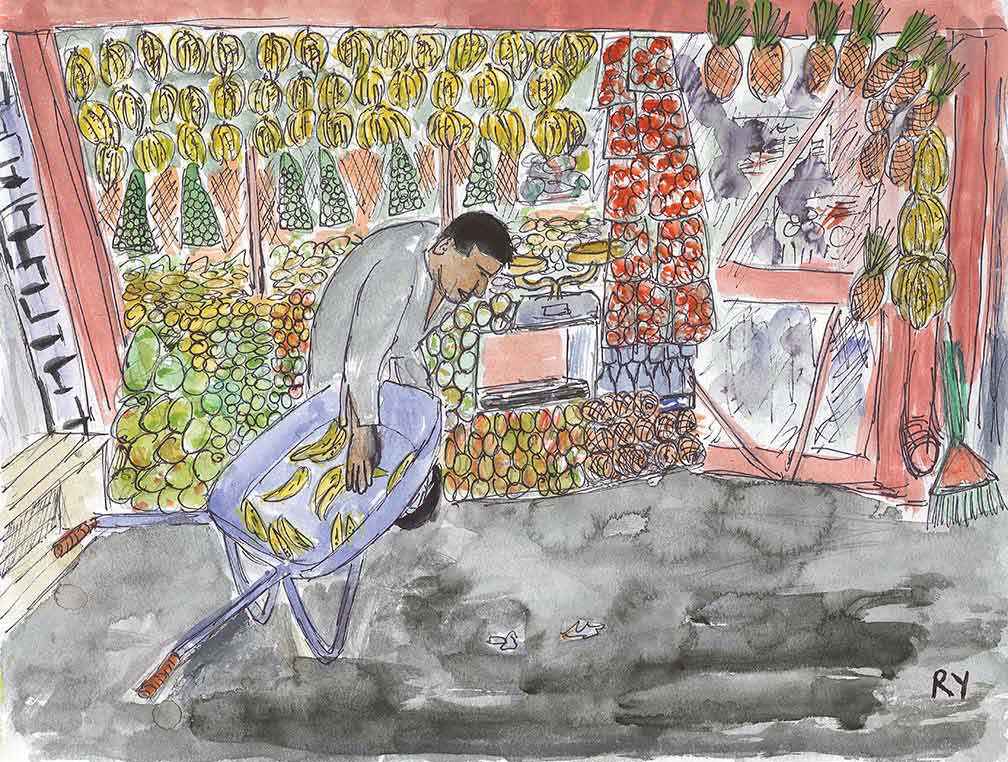 Local markets supply most African communities – a current Australian Centre for International Agricultural Research Landcare project in Nairobi, Kenya, seeks to improve supply chains from farmers to shopkeepers. Illustration by Rob Youl.