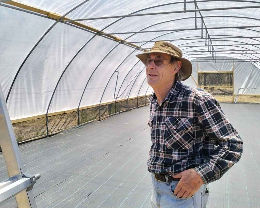 Phil Williams stands in a polytunnel built after the 2024 Pomonal bushfire.