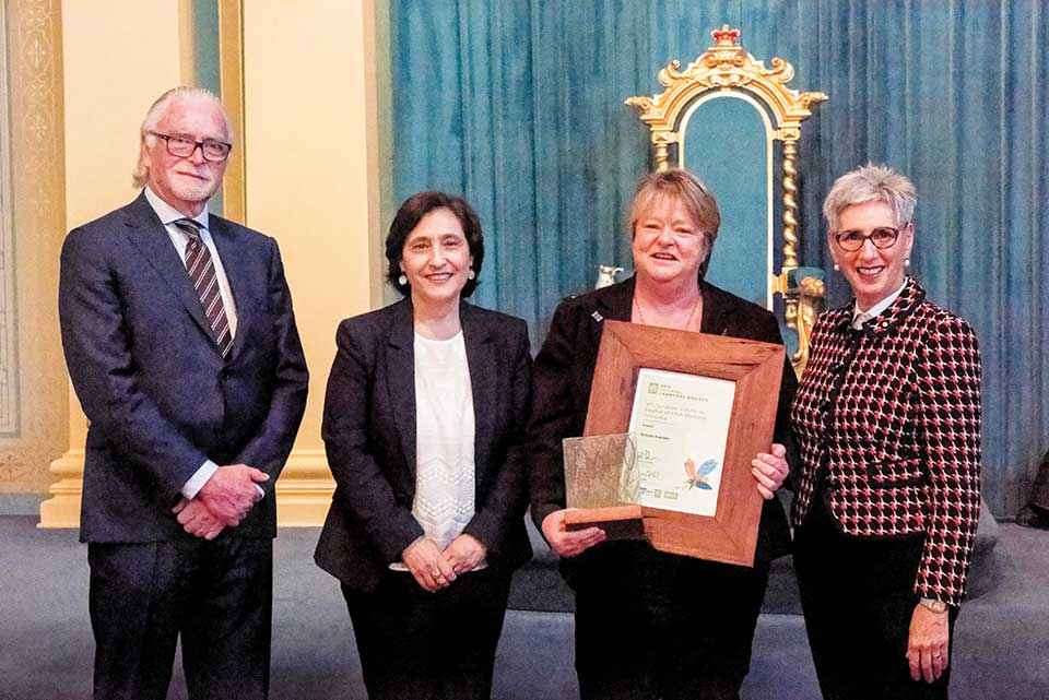 From left, the late Heather Mitchell’s son, Hugh Mitchell with Minister D’Ambrosio, Belinda Brennan, the winner of the VFF/Landcare Victoria Inc. Heather Mitchell Memorial Fellowship and Governor Dessau.